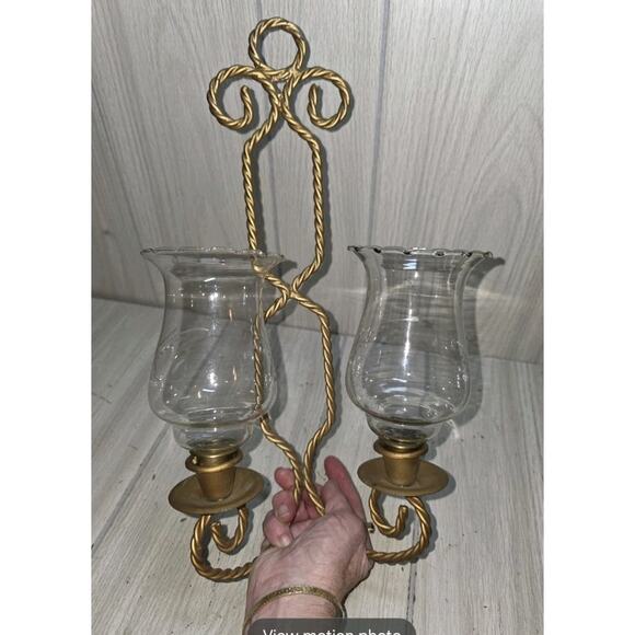 Vintage Gold Twisted Rope Wall Sconce Double Candle Holder Clear Votives - Picture 2 of 4